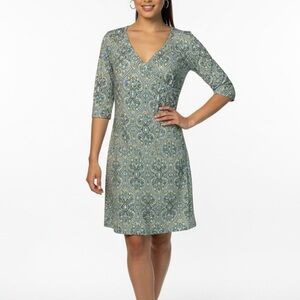 PRANA Nadia Veeda Green Blue Paisley Faux Wrap V-Neck Athletic Active Dress M